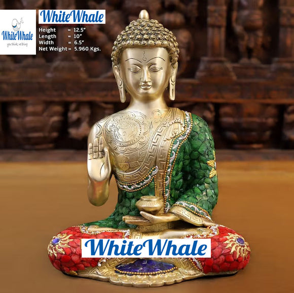 White Whale Brass Buddha Statue Blessing Murti Home Decor Office Table Feng Shui