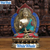 White Whale Brass Throne Blessing Buddha in Ornate Robe Embedded With Semi Precious Stone