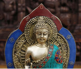 White Whale Brass Throne Blessing Buddha in Ornate Robe Embedded With Semi Precious Stone