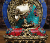 White Whale Brass Throne Blessing Buddha in Ornate Robe Embedded With Semi Precious Stone