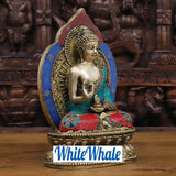 White Whale Brass Throne Blessing Buddha in Ornate Robe Embedded With Semi Precious Stone