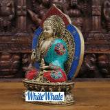 White Whale Brass Throne Blessing Buddha in Ornate Robe Embedded With Semi Precious Stone