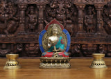 White Whale Brass Throne Blessing Buddha in Ornate Robe Embedded With Semi Precious Stone