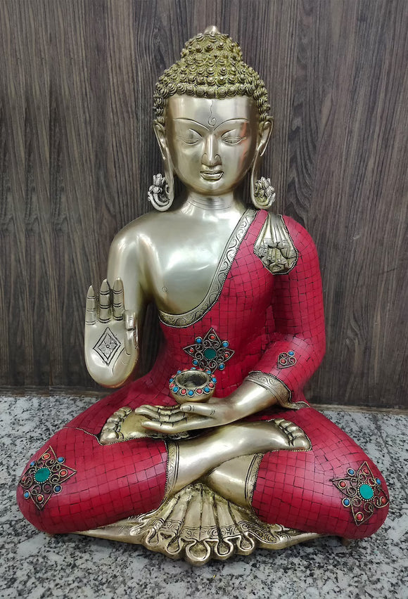 White Whale Brass Buddha Statue Blessing Murti for Home Decor Entrance Office Table Living Room Meditation Luck Gift Feng Shui - Large
