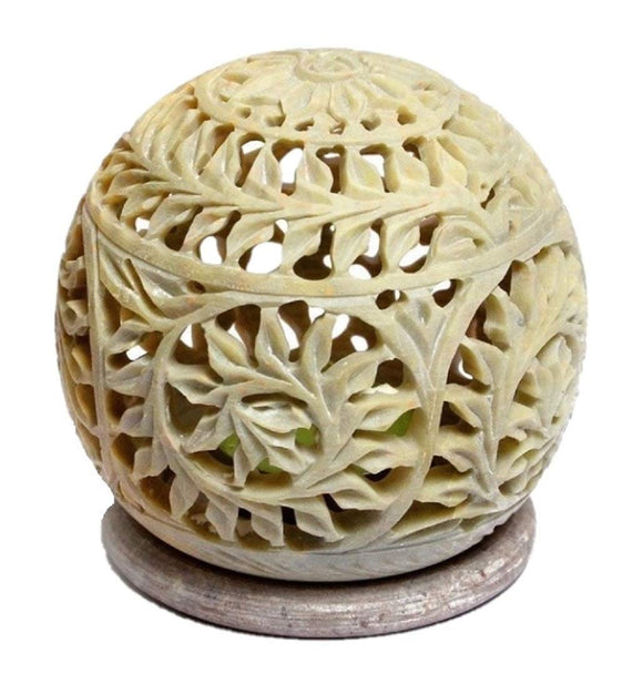 White Whale Hand Carved Floral Design Filigree Mesh Lattice Work Soft Stone Spherical Round Ball Incense Stick Tea Light Candle Burner Holder Stand