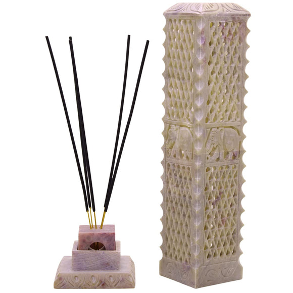 White Whale Marble Soapstone Incense Stick Holder Agarbatti Stand Tea Light Burner Candle Holder. Beautiful Elephant Carving for Puja and Home Decor.