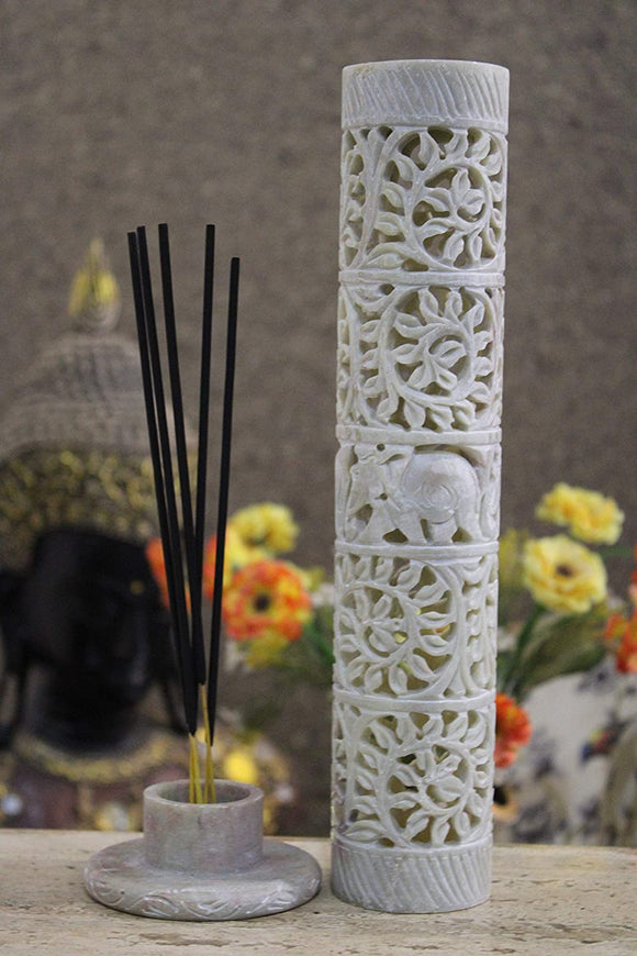 White Whale Marble Soapstone Incense Stick Holder Agarbatti Stand Tea Light Burner. Perfect Handmade Elephant Floral Carving for Puja and Home Decor-Assorted