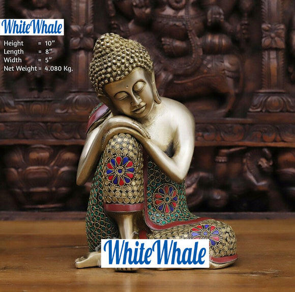 White Whale Brass Reflection Buddha in Thinking Position With Semi Precious Emerald Stone Inlay Work