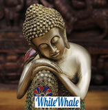 White Whale Brass Reflection Buddha in Thinking Position With Semi Precious Emerald Stone Inlay Work