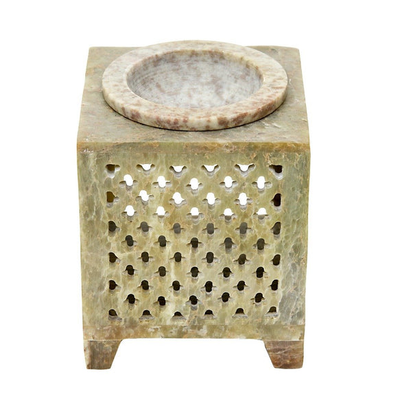 White Whale Stone Made Oil Burner/Tea Light Holder/Candle Holder with Flora Design 3.5x3.5x4.5 (LXBXH) Inch Perfect for Gift