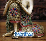 White Whale Brass Reflection Buddha in Thinking Position With Semi Precious Emerald Stone Inlay Work