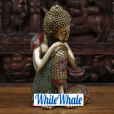White Whale Brass Reflection Buddha in Thinking Position With Semi Precious Emerald Stone Inlay Work