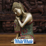 White Whale Brass Reflection Buddha in Thinking Position With Semi Precious Emerald Stone Inlay Work