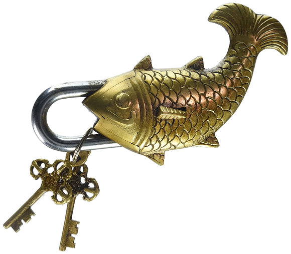 White Whale Brass Antique Style Fish Type Padlock - Lock with Key (Gold).