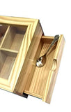 White Whale Tea Box Storage Natural Tea Chest Tea Bag Holder Glass Window with An Antique Brass Little Spoon.