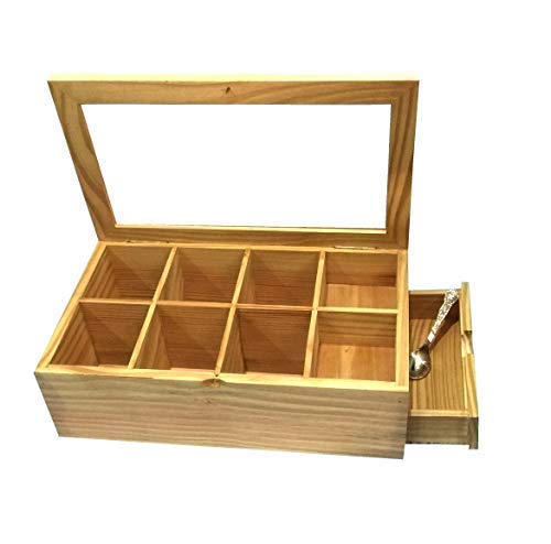 White Whale Tea Box Storage Natural Tea Chest Tea Bag Holder Glass Window with An Antique Brass Little Spoon.