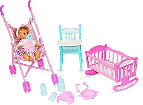 White WhaleCute Interactive Talking Baby Doll Play Set with Stroller, Cradle, Chair and Accessories, Premium Doll Playset for Girls