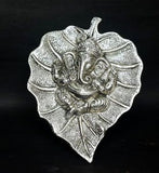 White Whale Lord Ganesh Ganapati The Elephant god Statue Figure on Leaf in Metal Wall Hanging Great Diwali