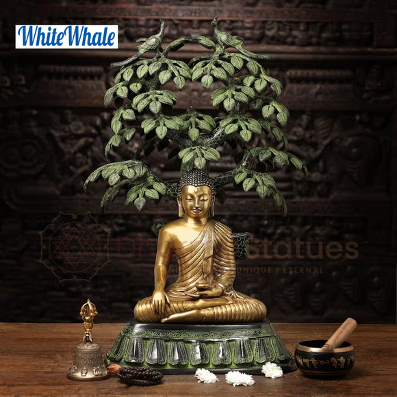White Whale Brass Brahmi Vriksha Guatama (Lord Buddha Under a Divine Tree) Holding a Bowl of Elixir-Original Handmade