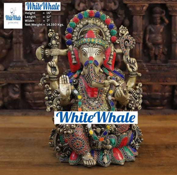 White Whale Brass Flamboyant Ganesha Sitting on a Lotus Pedestal in High Detailed Drapery