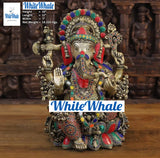 White Whale Brass Flamboyant Ganesha Sitting on a Lotus Pedestal in High Detailed Drapery