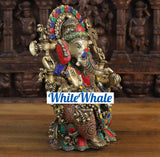White Whale Brass Flamboyant Ganesha Sitting on a Lotus Pedestal in High Detailed Drapery