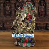 White Whale Brass Flamboyant Ganesha Sitting on a Lotus Pedestal in High Detailed Drapery