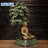 White Whale Brass Brahmi Vriksha Guatama (Lord Buddha Under a Divine Tree) Holding a Bowl of Elixir-Original Handmade