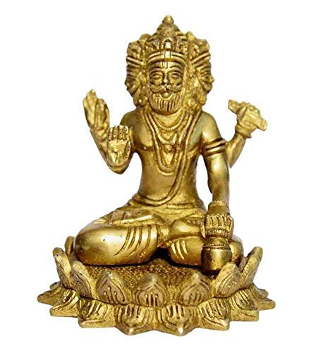 White Whale Brass Brahma Sitting on Lotus Statue Hindu Religion God Sculpture Idol Statue Murti