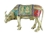 White Whale Brass Kamdhenu Cow with Calf Statue Stonework, Holy Cow Idol, Showpiece for Home Decor, Handmade Divine Cow, The Cow of Wishes.