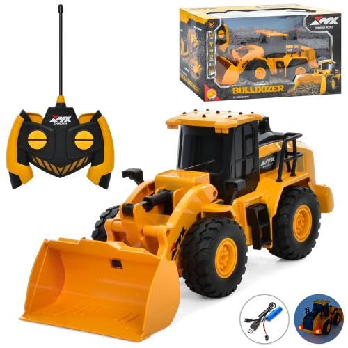 White Whale Remote Control Bulldozer Rechargeable 6 Channel Full Functional Rc Truck Tractor 2.4G Toy Construction Truck with Lights & Sound