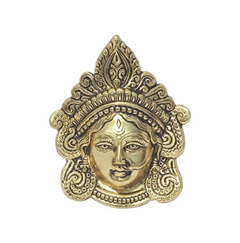 White Whale Metal Goddess Durga Face Mask Wall Hanging Showpiece Evil Eye Protection- Antique Gold, Small