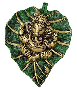 White Whale Handmade Decorative Feng Shui Metal Pan Leaf Hanging Ganesh Ji Statue (Green Color)