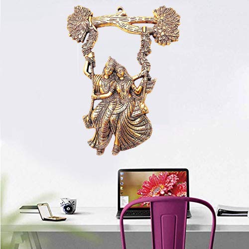 White Whale Radha Krishana Murti on Swing Jhula Metal Statue Gold Antique Finish So Looks Very Beautiful for Decor Your Home,Office Walls,Showpiece Figurines,Religious Idol Gift Article