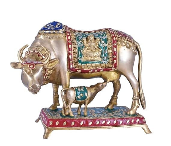 White Whale Brass Kamdhenu Cow with Calf Statue Stonework, Holy Cow Idol, Showpiece for Home Decor, Handmade Divine Cow, The Cow of Wishes.