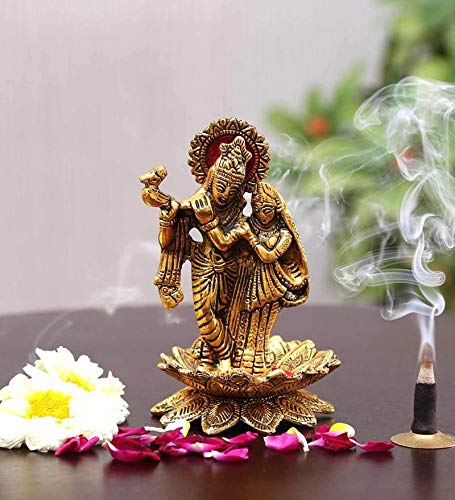 White Whale Aluminium Radha Krishna Idols Standing on Lotus Flower with Playing Flute Gold Plated for Home Decor Showpiece (Medium)