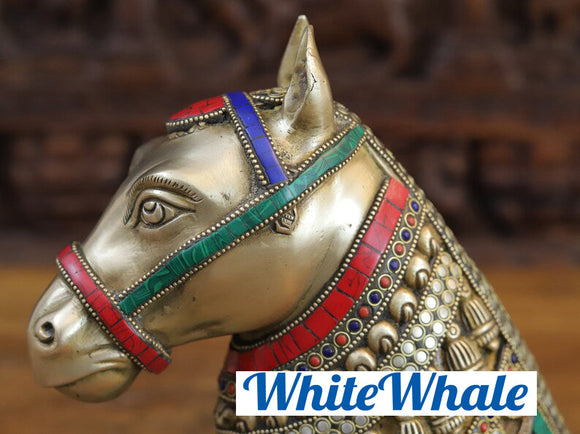 White Whale Antique Stone Finish Horse Brass Showpiece Religious Strength Sculpture Idol