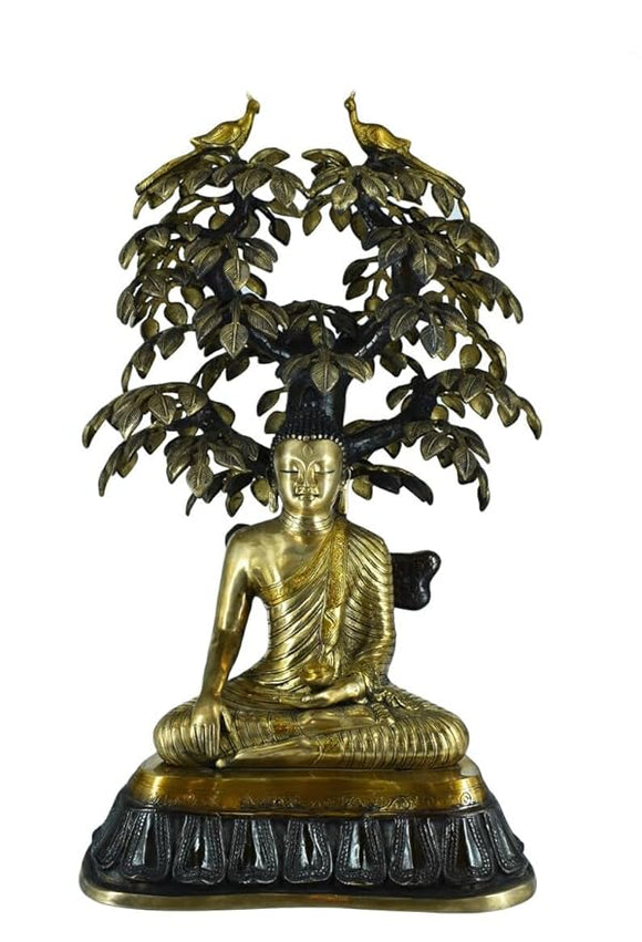 White Whale Brass Buddha Statue Blessing Under The Tree Murti for Home Decor Entrance Office Table Living Room Meditation Luck Gift Feng Shui