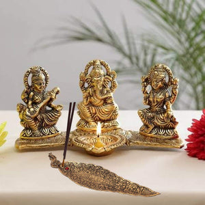 White Whale Laxmi Saraswati Idol Decorative Platter With Diya And Agarbatti Stand Diwali Gift, Metal, , Standard, 1 Piece