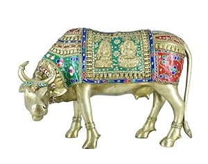 White Whale Brass Kamdhenu Cow with Calf Statue Stonework, Holy Cow Idol, Showpiece for Home Decor, Handmade Divine Cow, The Cow of Wishes.