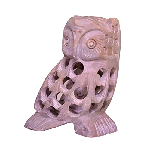 White Whale Hand Carved Stone Lucky Owl in Owl Figurine Beautifully Sculptured Lattice Jaali Work from a Single Block of Stone