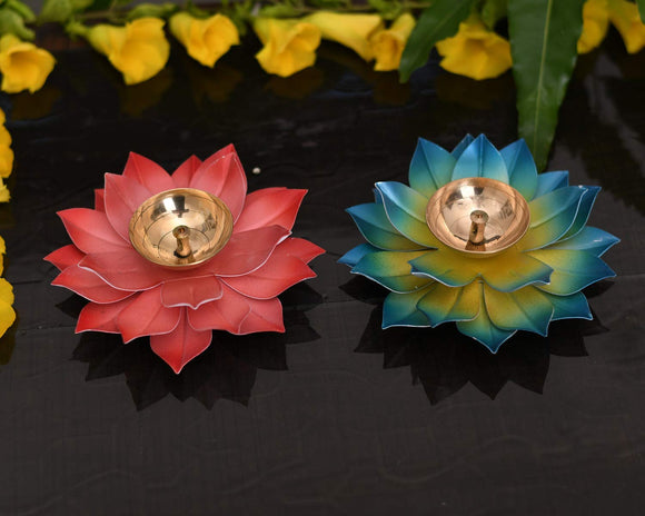 White Whale Lotus Kuber Diya Puja Oil Lamp Brass Akhand Diya Jyot Deepak Home Temple Puja Articles Decor (Set of 2)