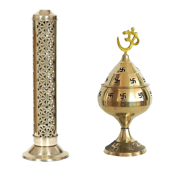 White Whale Brass Jali Akhand Jyoti Deep with Stand & Agarbatti Stand Safety Incense Holder with Ash Catcher