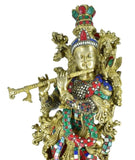 White Whale Krishna Statue | Big Brass Krishna Idol | Flute Krishna | Colourful Krishna with Stone Work | God of Love.