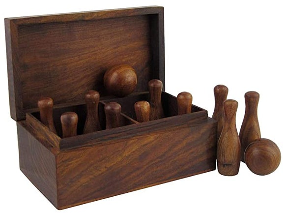 White Whale Handmade Wooden Games Bowling Set 10 Pins and 2 Balls in Box