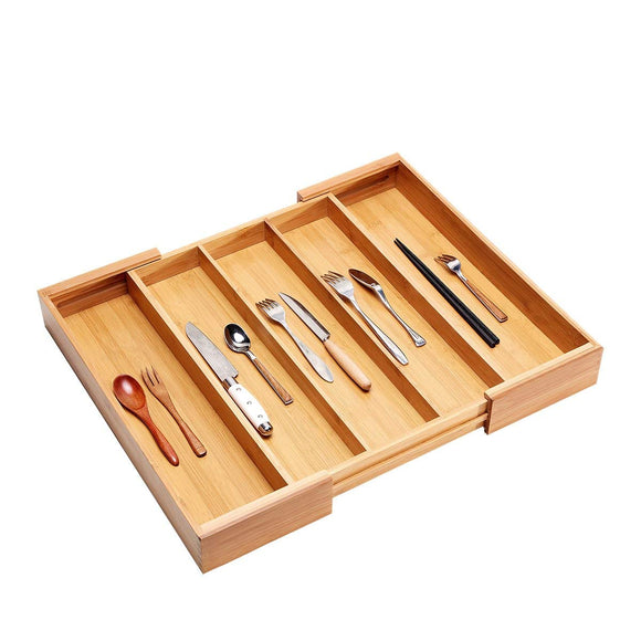 White Whale Drawer Dividers silverware tray Expandable Utensil Cutlery Tray Wooden Adjustable Flatware Organizer Kitchen Storage Holder for Knives Forks Spoons Accessories Gadgets