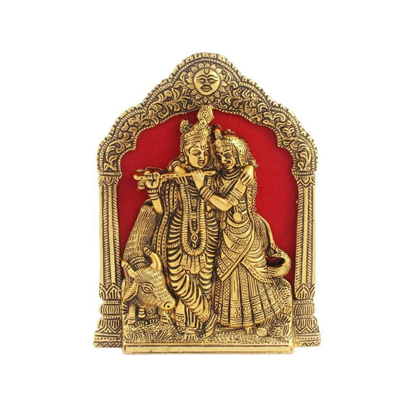 White Whale Antique Golden Finish Radha Krishna with Cow on Thin Metal Frame Wall Hanging and for Table