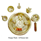 White Whale Gold Plated Brass Kuber Pooja Thali Set of 9 Pcs, Occasional Gift, Decorative Pooja Thali for Festival and Diwali Gift, Diwali Pooja Thali