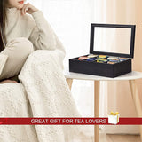 White Whale Tea Box Storage Natural Tea Chest Tea Bag Holder 8 Adjustable Tea Chest Compartments with Glass Window