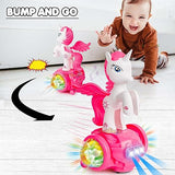 White Whale Musical Dancing Toys For Kids Babies 360 Degree Rotating Bump N Go Action Unicorn Light&Sound Moving Crawling Toys For 1 Year Old Kid,Pink